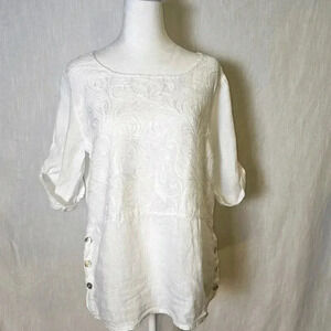 Lungo L'Arno 100% Linen Roll Sleeve White Cottagecore Embroidered Shirt SZ M